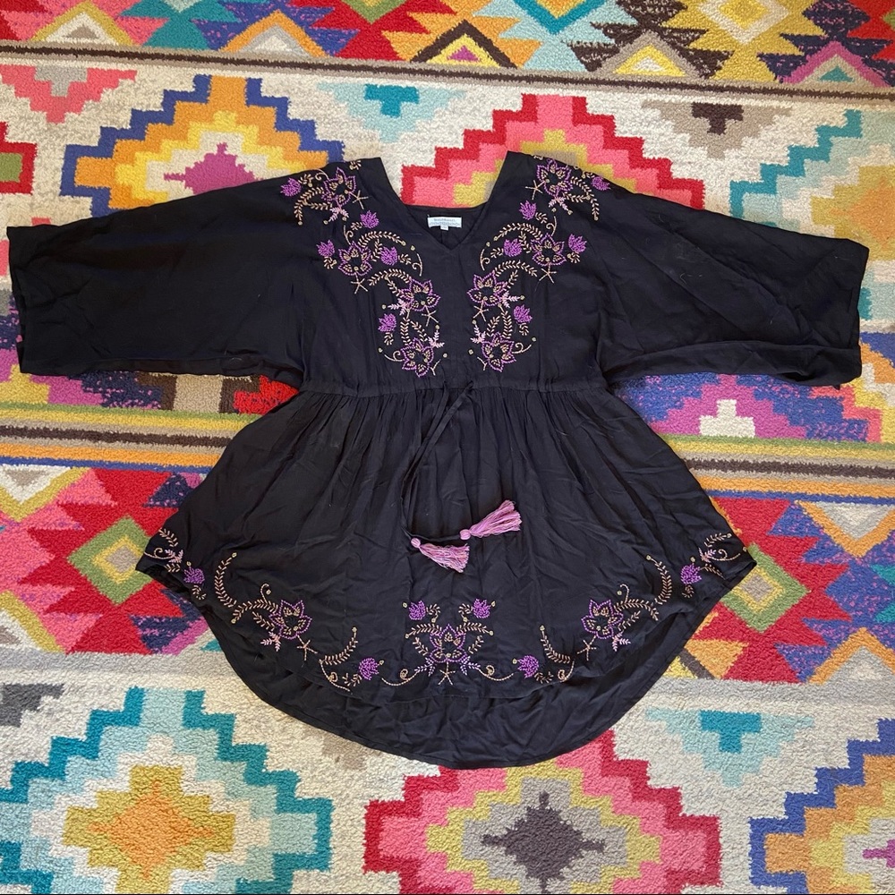 Purple Floral Embroidered Black Tunic